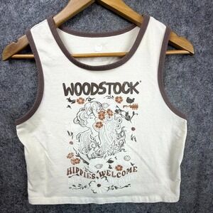 Hybrid Apparel Woodstock Crop Tank Top Womens L Beige Retro Hippies Welcome